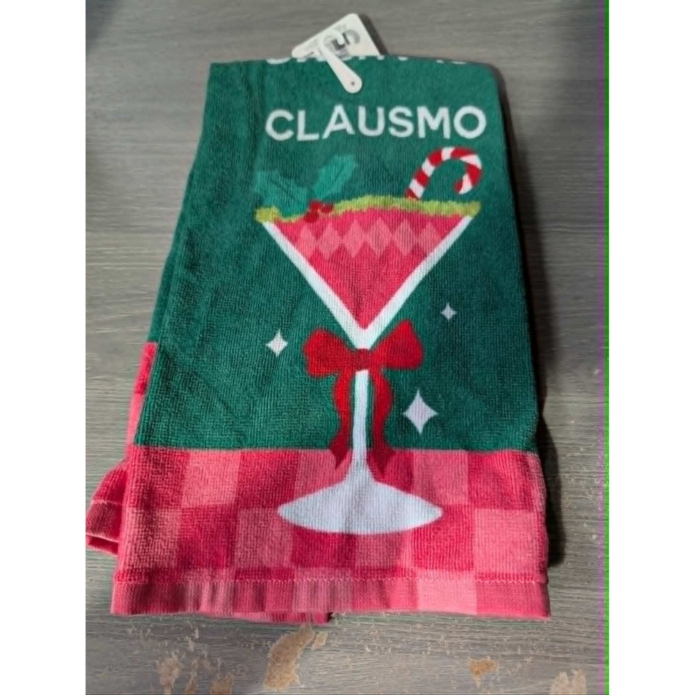 Celebrate It Clausmo Christmas Martini Kitchen Towel Green Pink Checkered New